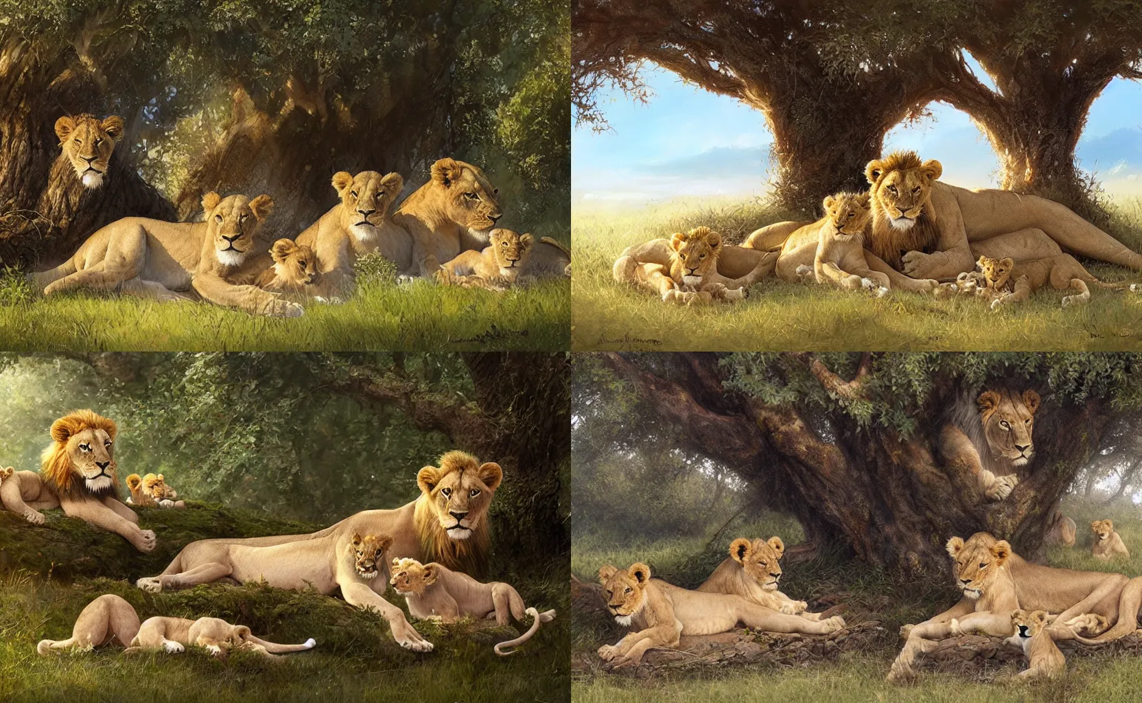 Prompt: lion and cubs resting under a tree in the morning, beautiful painting, aaron blaise, greg rutkowski, james gurney, artstation