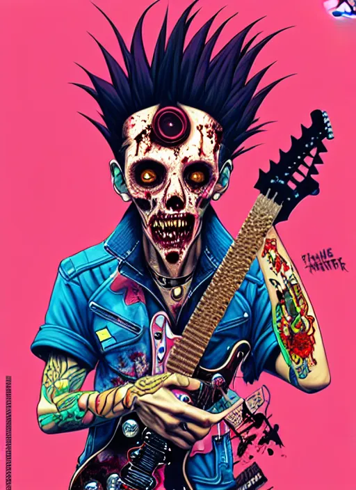 Prompt: a zombie punk rocker with a mohawk holding an electric guitar, tristan eaton, victo ngai, artgerm, rhads, ross draws