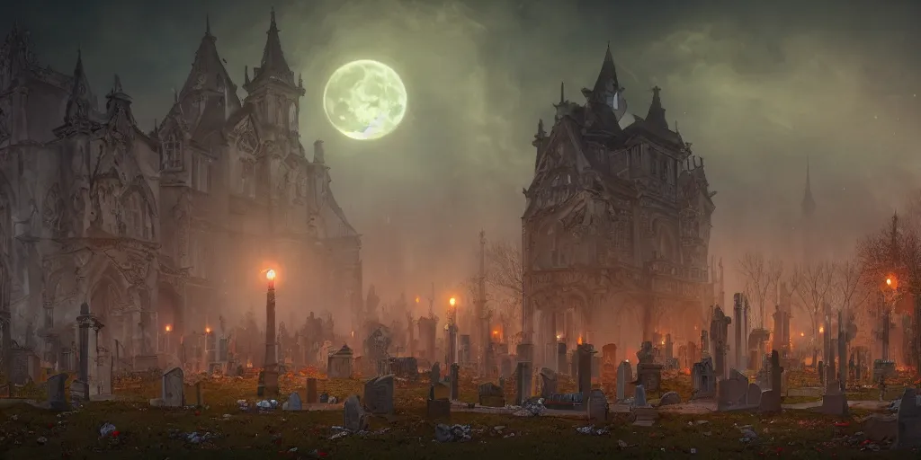 Image similar to an ultra detailed animation of a graveyard at midnight on halloween, digital art, dark fantasy, concept art, soulslike, by alphonse mucha, blood moon eclipse, ruined building in the background, artstation, 8 k, unreal engine render