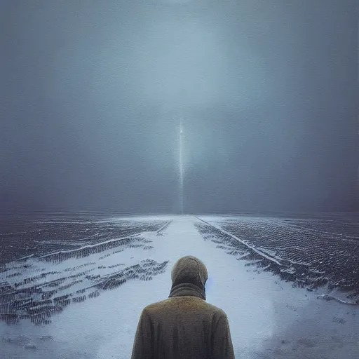 Prompt: a painting of a person standing in the snow, a surrealist painting by zdzisław beksinski and by alena aenami, deviantart, nuclear art, dystopian art, apocalypse landscape, surrealist