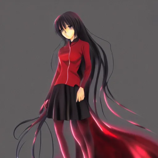Prompt: realistic anime girl design, side pose, cosmic, dark, cybernetic room, beautiful face, long hairs, red garb, dynamic lighting