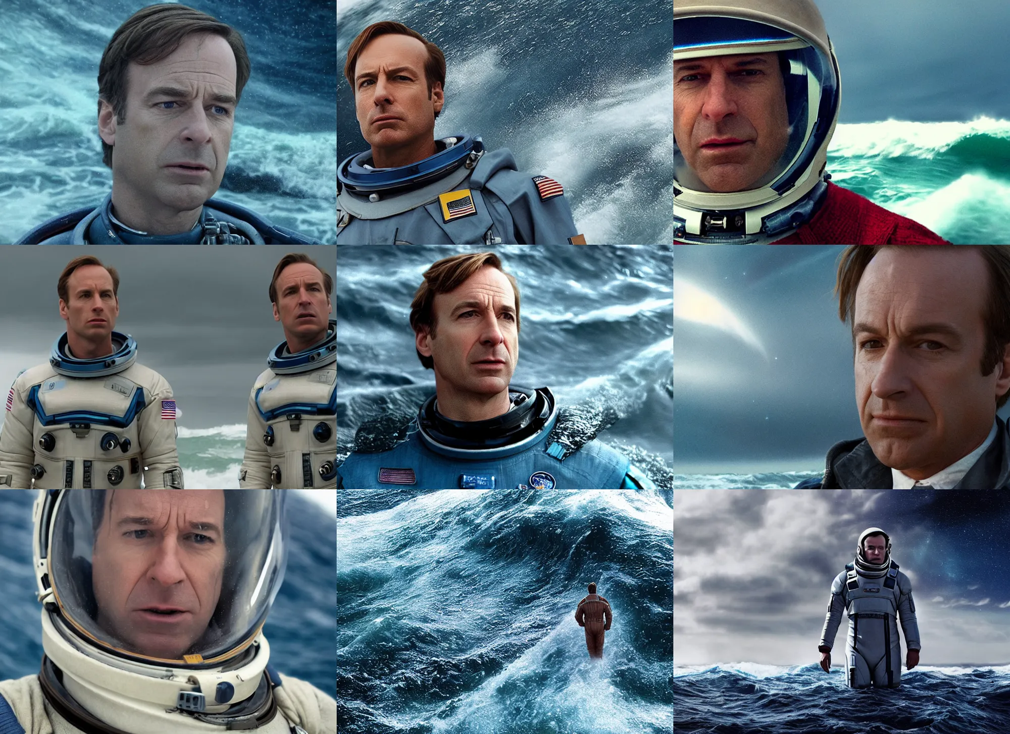 Prompt: on ocean , cinematic close up shot of saul goodman wearing the spacesuit in scene from the movie interstellar ,shady dull weather, panorama,natural dull colours, exteremely giant ocean wave in background