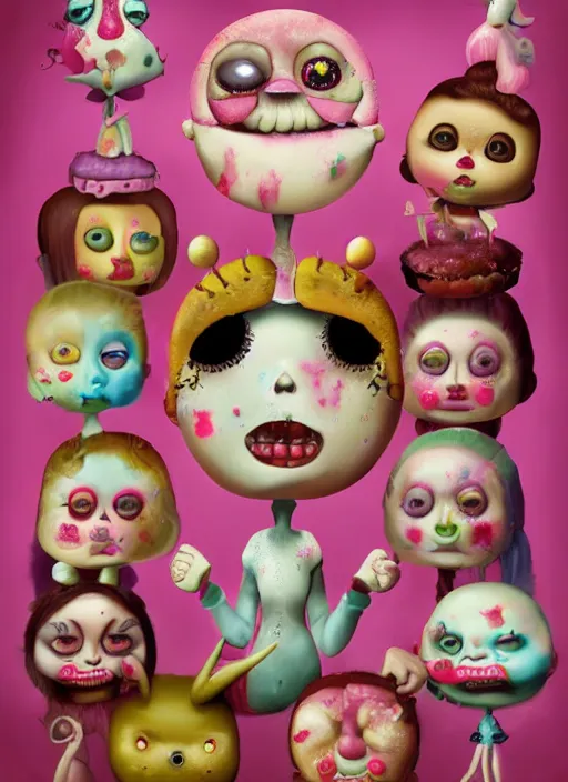 Image similar to fnafs eating cakes painted by mark ryden, detailed digital art, trending on Artstation