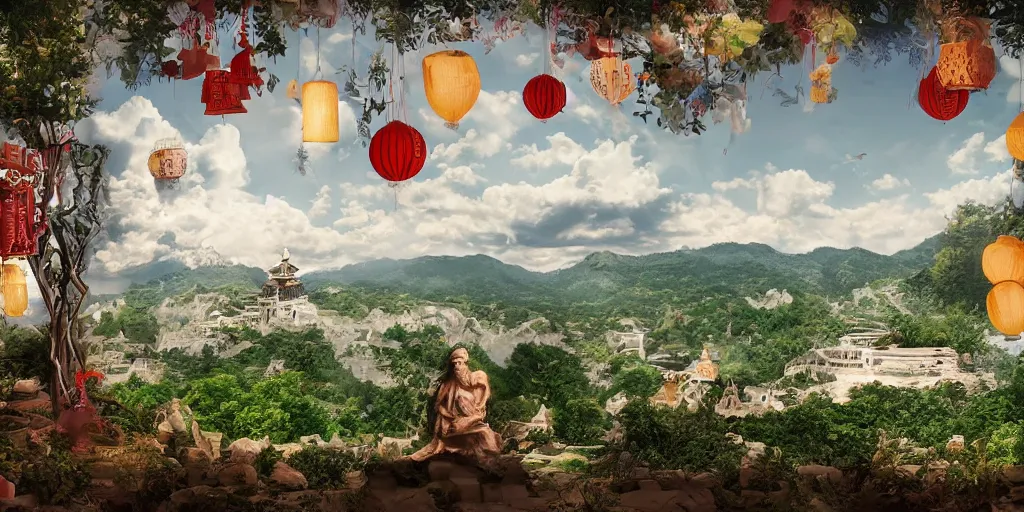 Image similar to wind god enjoying the view from his stone heavenly palace, decorated with windchimes and paper lanterns, nature, clouds and other palaces in background, digital art