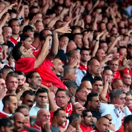 Prompt: akshay kumar sitting in a manchester united game crowd hd photorealistic