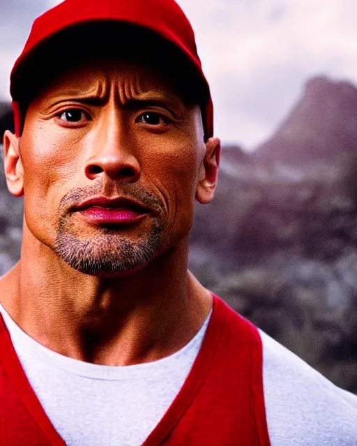 Image similar to Film still close-up shot of Dwayne Johnson as ash ketchum from the movie pokemon. Photographic, photography