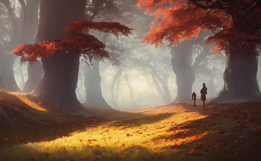 Image similar to autumnal landscape, ghibli, greg rutkowski, 8 k ultrarealistic trending on artstation