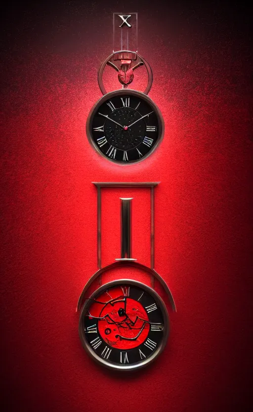 Image similar to a melting Roman numeral clock, behind a red and black gradient background, dynamic lighting, photorealistic fantasy concept art, trending on art station, stunning visuals, cinematic, creative, ultra detailed