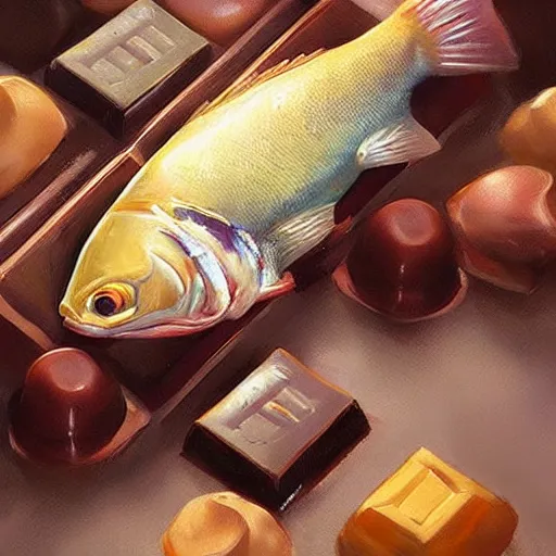 Image similar to a fish laying on top of a chocolate bar. soft, atmospheric, warm lighting. highly detailed digital painting by mandy jurgens.