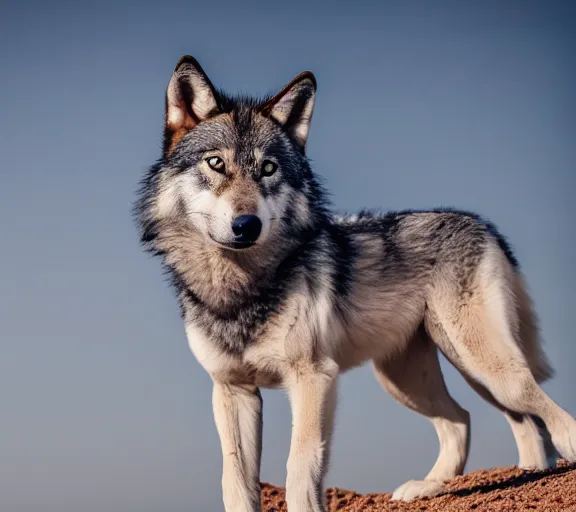 Prompt: photo of a wolf puppy, wearing cowboy clothes, in the desert, cinematic color grading, various poses, soft light, faded colors, well framed, sharp focus, 8 k