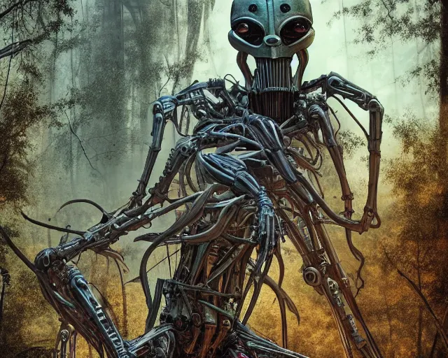 Image similar to photo of general grievous with heavy duty biomechanical hydraulic cybernetic body and 4 arms holding lightsabers in the forest. cyberpunk horror style. highly detailed 8 k. intricate. nikon d 8 5 0 5 5 mm. award winning photography. art by hr giger and zdzislaw beksinski in the style of hzd