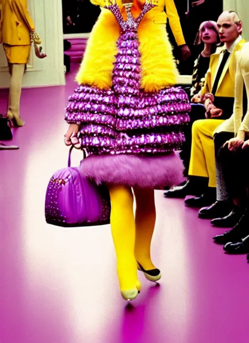 Image similar to Bespoke couture outfit made of yellows, pinks, purple and gold by Vivian Westwood and Marc Jacobs as seen in the movie the Royal Tenenbaums + vintage Chanel in a futuristic vibe