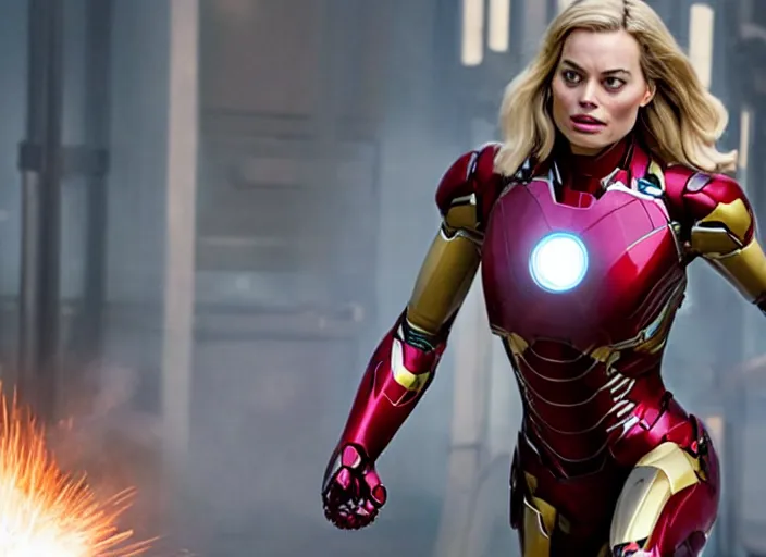 Image similar to movie still of margot robbie playing as iron man in the movie avengers, directed by russo brothers, marvel cinematic universe