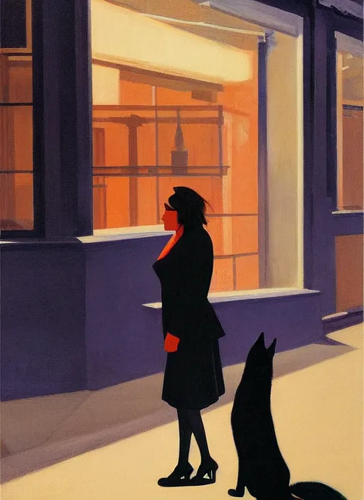 Image similar to woman with a black wolf on the night street by Edward Hopper and James Gilleard, highly detailed