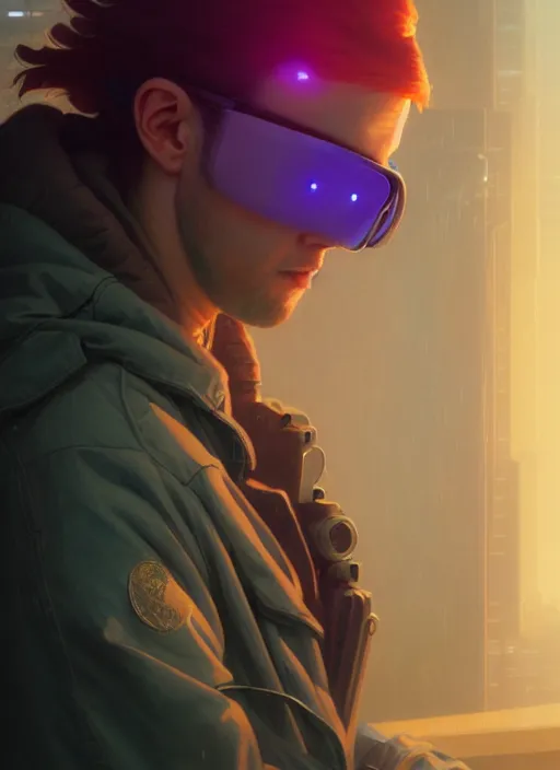 Prompt: highly detailed surreal vfx portrait of a cyberpunk gloomy hacker, stephen bliss, unreal engine, greg rutkowski, loish, rhads, beeple, makoto shinkai and lois van baarle, ilya kuvshinov, rossdraws, tom bagshaw, alphonse mucha, global illumination, detailed and intricate environment