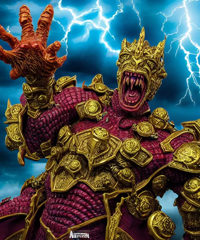 Image similar to hyperrealistic rendering, epic boss battle, ornate supreme demon overlord, jewel crown, battle armor, by art of skinner and richard corben and jeff easley, product photography, action figure, sofubi, storm clouds, outside, lightning