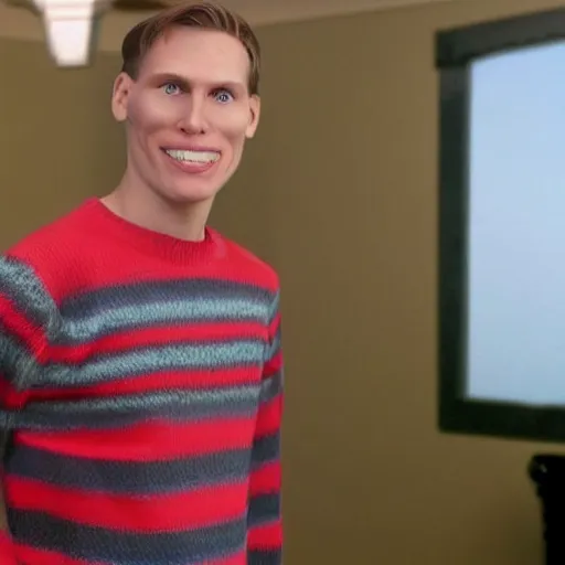 Image similar to A photograph of Jerma985 with short hair who looks like Jerma985 wearing a sweater in the 2010s, Jerma985, looks like Jerma985, taken in the late 2010s, taken on a 2010s Camera, realistic, hyperrealistic, very realistic, highly detailed, very detailed, extremely detailed, detailed, digital art, trending on artstation, headshot and bodyshot, detailed face, very detailed face, very detailed face