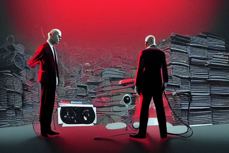 Image similar to an expressive portrait of agent 4 7 from hitman wearing headphones standing in front of a wall of vinyl records, speakers and cables, dark background, red rim light, digital art, artstation, concept art by giger stalenhag