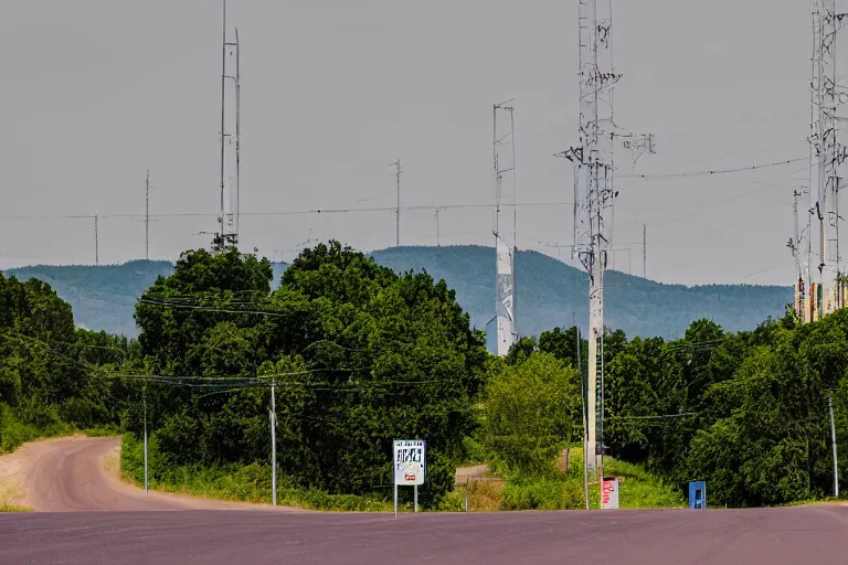 Image similar to a centered road next to warehouses, and a tree hill background with a radio tower on top, 3 0 0 mm telephoto lens