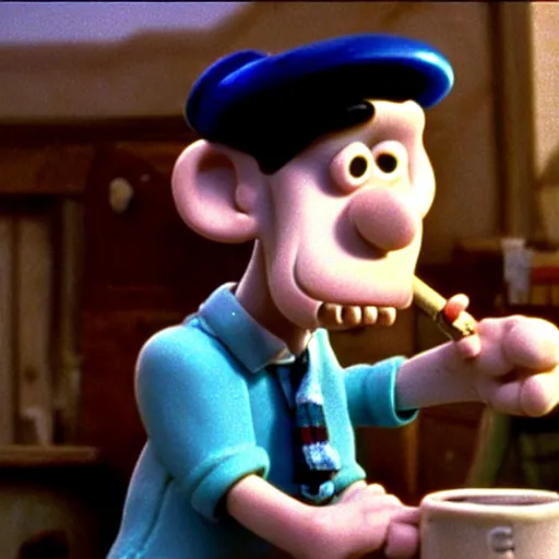 Prompt: Wallace smoking crack from a crack pipe in a still from the short movie A Grand Day Out (1989), Wallace and Gromit, Aardman Animations, claymation, 4k, high quality