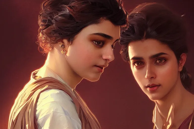 Image similar to Anxious good looking pale young Indian doctors arguing, portrait, elegant, intricate, digital painting, artstation, concept art, smooth, sharp focus, illustration, art by artgerm and greg rutkowski and alphonse mucha