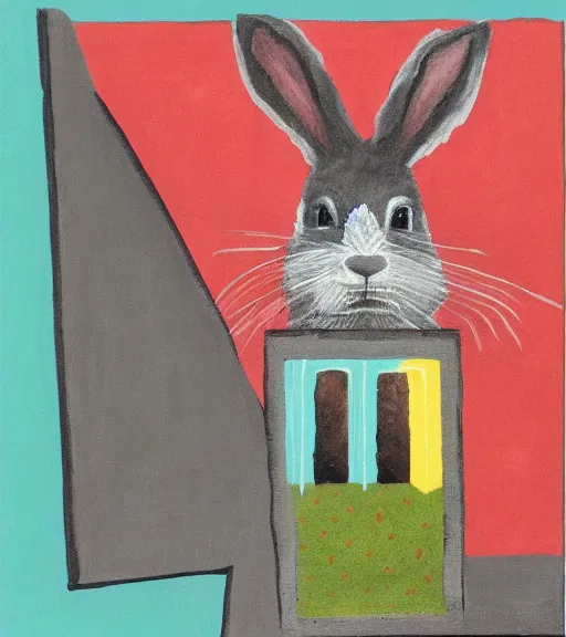 Prompt: brutalist painting of a rabbit and a giant carrot house