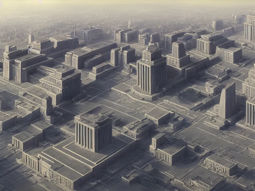 Prompt: matte painting by fan wennan. future capitol of the american communist party shining in the sun after the triumph of socialism in america, hyperdetailed, cinematic, photorealistic, hyperrealism, masterpiece, future communist governmental architecture, statue, imposing, strength, abundance. aerial view. america 2 0 9 8