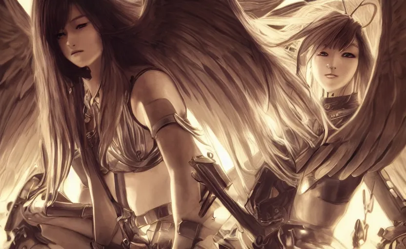 Prompt: android valkyrie, anime style, konami concept art, vintage clothing, spread wings, long hair, hair down, symmetrical facial features, from arknights, hyper realistic, 4 k, rule of thirds, extreme detail, detailed drawing, safebooru, hd, d & d, realistic lighting, by alphonse mucha, greg rutkowski