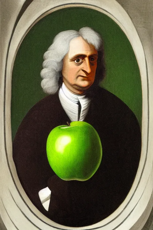 Image similar to a portrait of Isaac Newton with a green apple on his head, 8k, HDR, CG Society