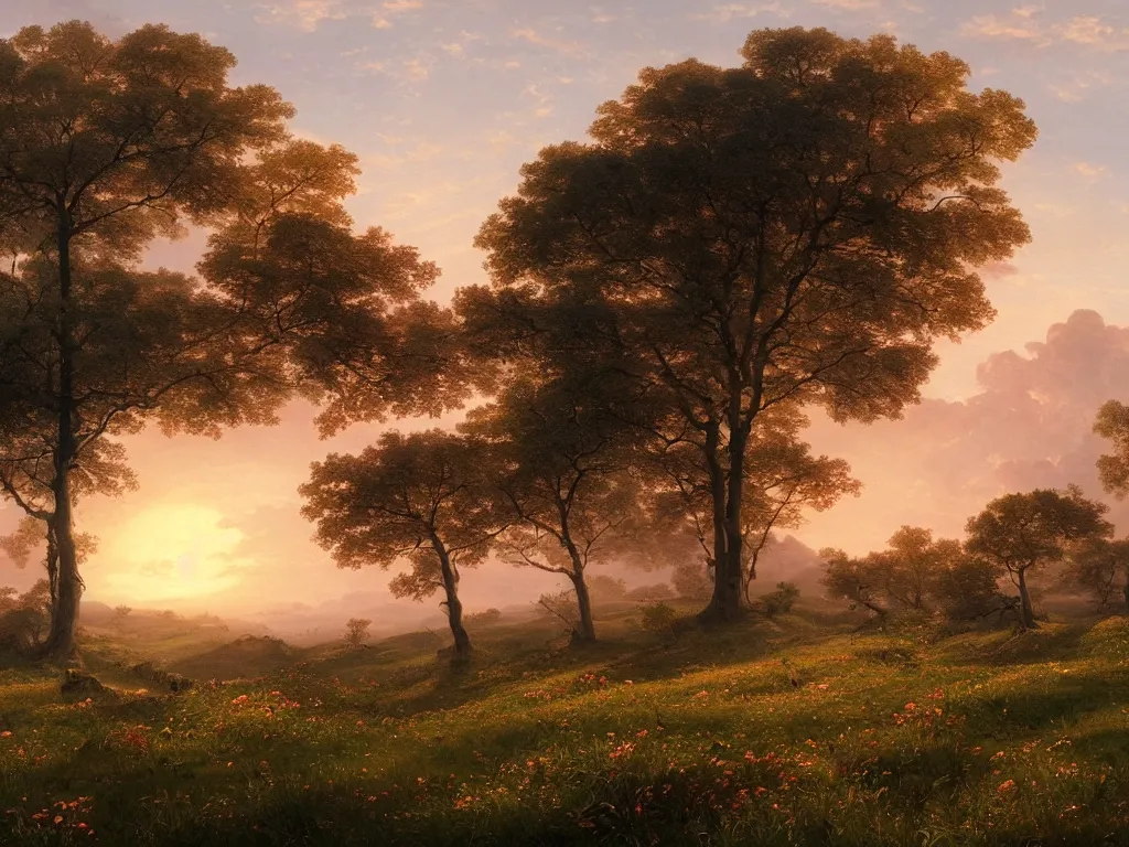 Image similar to epic landscape with rolling hills, old trees and flower meadows in a beautiful sunrise with small pink clouds in the sky by alexandre calame, golden ratio, artstation, vray render