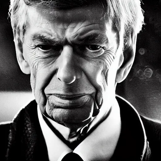 Image similar to ! dream arsene wenger as a 1 9 4 0 s gangster, noir, fog, serious, extreme detail, realistic, rain, atmospheric, long coat, movie still, studio light, dramatic 4 k