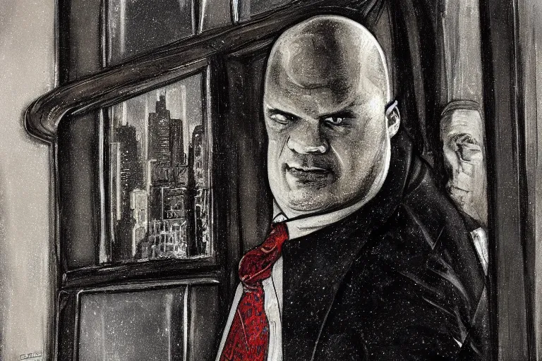 Prompt: highly detailed mixed media portrait of the kingpin wilson fisk standing in the window of an art nouveau skyscraper by bill sienkiewicz, dimly lit night atmosphere, sinister vibe, an ultrafine detailed painting, trending on deviantart, pop surrealism, foreboding, elegant, perfect symmetrical face, sharp focus, 8 k, octane, masterpiece