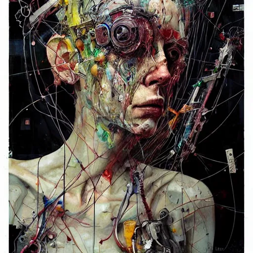 Image similar to the last wanderer of earth, post - apocalyptic wasteland, wires cybernetic implants, in the style of adrian ghenie, esao andrews, jenny saville, surrealism, dark art by james jean, takato yamamoto