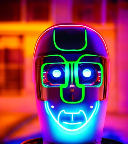 Image similar to portrait of robot lowlight neon lights, cinematic,4k,35mm,street photo, epic