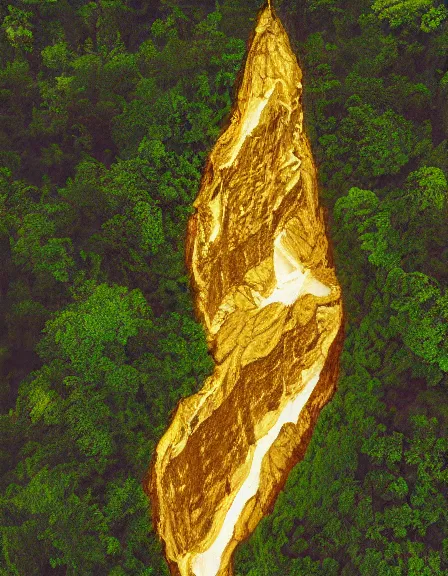 Image similar to vintage color photo of aerial view of a giant 1 1 0 million years old abstract sculpture made of light beams and liquid gold covered by the jungle vines