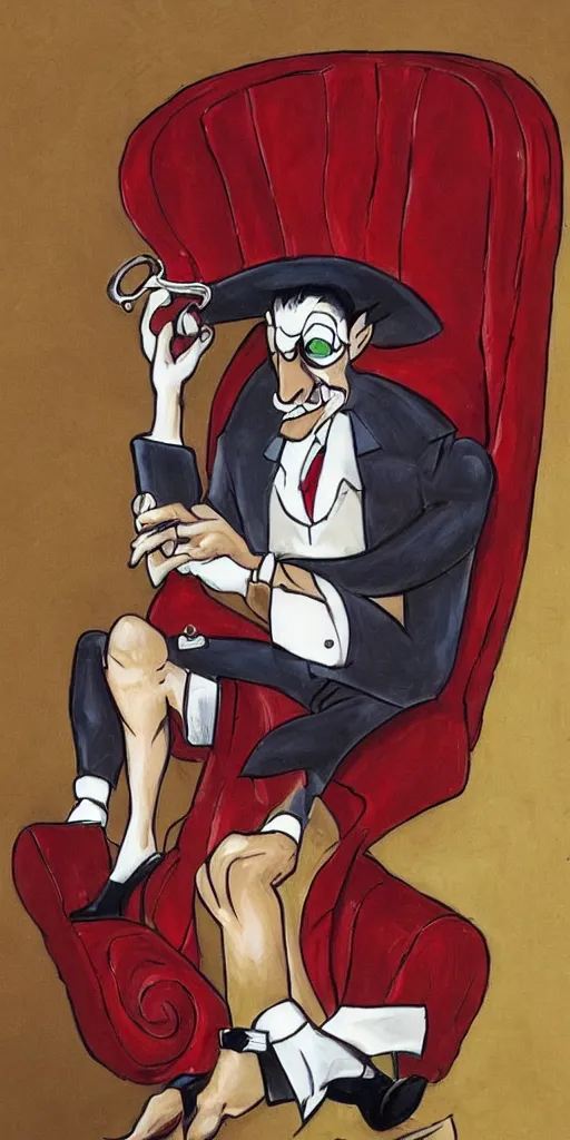 Prompt: a portrait of Earthworm Jim as an austere billionaire sitting in a red leather chair smoking his pipe and looking stately with his monocle