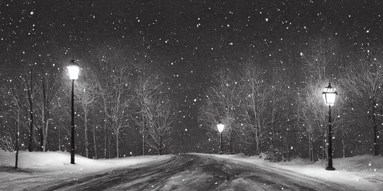 Image similar to laurentian appalachian mountains during winter, original and creative black ink landscape artwork, snowy night, streetlamps, interesting textures