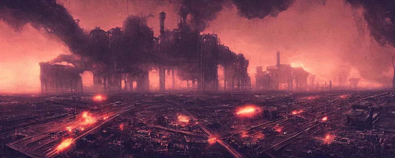 Prompt: ” polluted industrial alien landscape, [ smoke, soot, cinematic, detailed, epic, widescreen, opening, establishing, mattepainting, photorealistic, realistic textures, octane render, art by slop and paul lehr ] ”