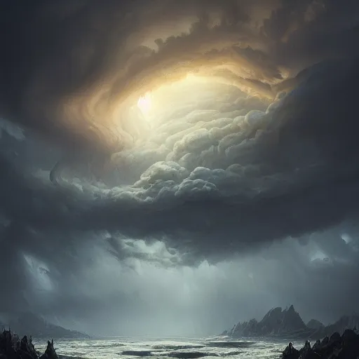 Image similar to concept art, of a horrid creature made of dark clouds, thunderstom, rain, medieval, dark concept art, dark skies painting by wlop, nixeu and greg rutkowski, beautiful, semirealism, artstation, octane render, oil painting, sharpness, 8 k, golden ratio