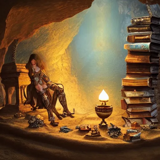 Image similar to epic view of an ancient dark byzantine cave interior, ornate oil lamp on a pile of crystals, books covered in jewels, ornate, surrounded by strange statues and treasure, full of sand and dust, hyper real, Indiana Jones, Tomb Raider, trending on artstation, concept art, cinematic, jewels