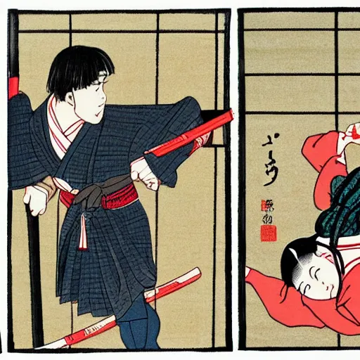 Prompt: Japanese schoolgirl runs away from Samurai with a katana on the subway by Toshio Saeki, high detailed