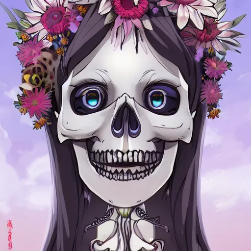 Image similar to manga fine details portrait of joyful skull girl skeleton, flowers. Death, anime by Studio Ghibli. 8k render, sharp high quality anime illustration in style of Ghibli, artstation