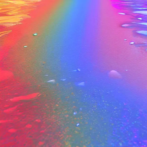 Prompt: god spills multicolored rainbow iridiscent water rivers from a sky, fantasic rain, render, octane render, 3 d, unreal engine, raytracing, 8 k