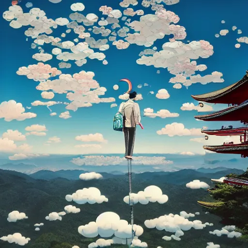 Image similar to a man walking on clouds away from the camera above kyoto by takashi murakami, beeple and james jean, aya takano color style, 4 k, super detailed, modern, 4 k, symmetrical