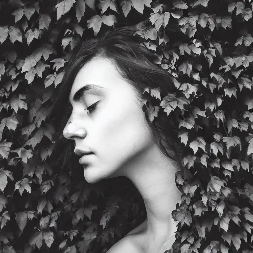 Image similar to “side profile of young woman with her eyes covered by vines”