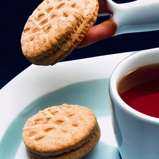 Prompt: photo realistic biscuit dunking a human in a cup of tea