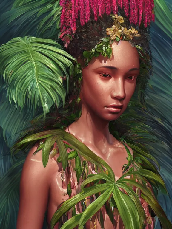 Prompt: beautiful portrait of a Subtropical monsoon climate minority female wearing fantastic costume,ivoy skin, pigtail,subtropical plants,subtropical plants flowers,intricate, elegant, highly detailed, dim volumetric lighting, 8k,octane,post-processing,digital painting, trending on artstation, concept art, smooth, sharp focus, illustration,by Tom Bagshaw and Daniel Gerhartz and Albert Aublet and Lawrence Alma-Tadema and alphonse mucha