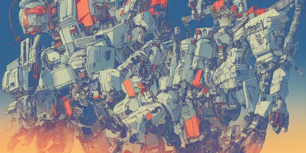 Image similar to risograph, gigantic mecha faces, no artifacts, tiny rats, a lot of exotic animals around, big human faces everywhere, by satoshi kon and moebius, matte blue colors, surreal design, crispy, super - detailed, a lot of tiny details, no blur, 4 k, fullshot