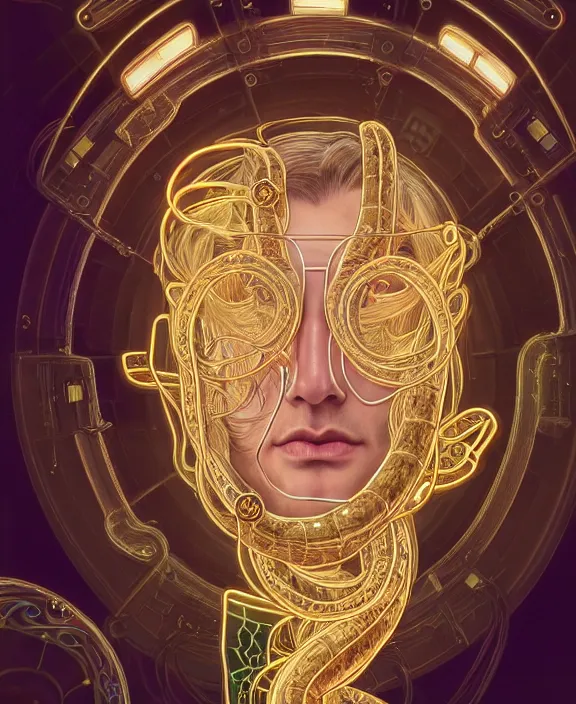 Image similar to intricate opulent transparent clear see - through portrait of handsome masculine snake, fractal, neon lights, circuitry, industrial environment, ultra realistic, concept art, art nouveau, photorealistic, octane render, 8 k, unreal engine. art by nori inoguchi and sam kaplan and zachary goulko and christopher marley and artgerm and alphonse mucha