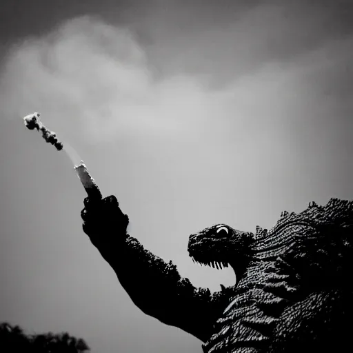 Image similar to godzilla smoking a joint, 5 5 mm